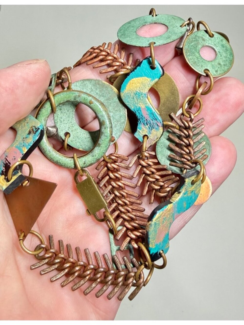 Statement Necklace Mixed Metal Copper Brass Multicolor Modernist Aprox 31 Inch - Picture 9 of 9